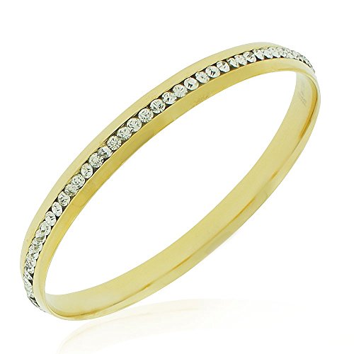 Stainless Steel Yellow Gold-Tone White CZ Classic Round Bangle Bracelet