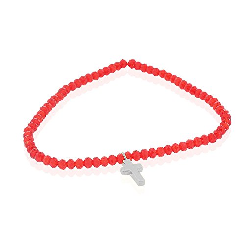 Stainless Steel Red Beads Yellow Gold-Tone Religious Cross Stretch Bracelet