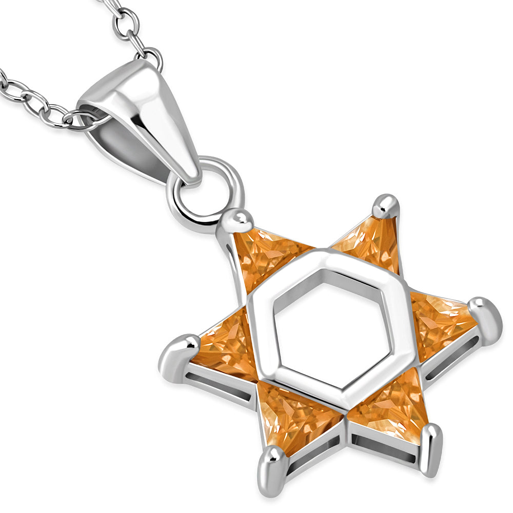 Orange Diamond Tipped Star of David 925 Sterling Silver Necklace