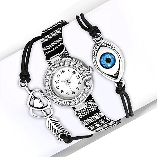 Fashion Alloy CZ Black White Love Heart Evil Eye Wrist Watch, 8.5"