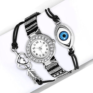 Fashion Alloy CZ Black White Love Heart Evil Eye Wrist Watch