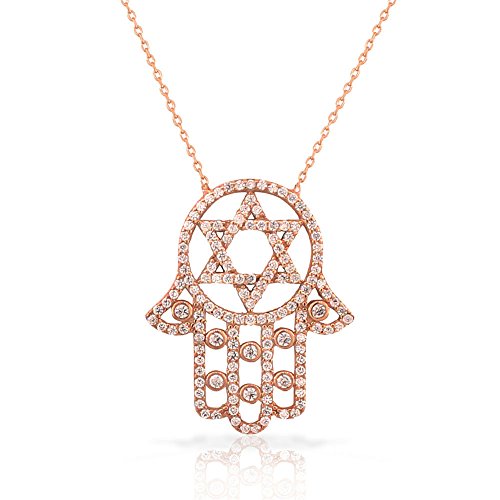 Gold Hamsa with Star of David Necklace Sterling Silver Cubic Zirconia