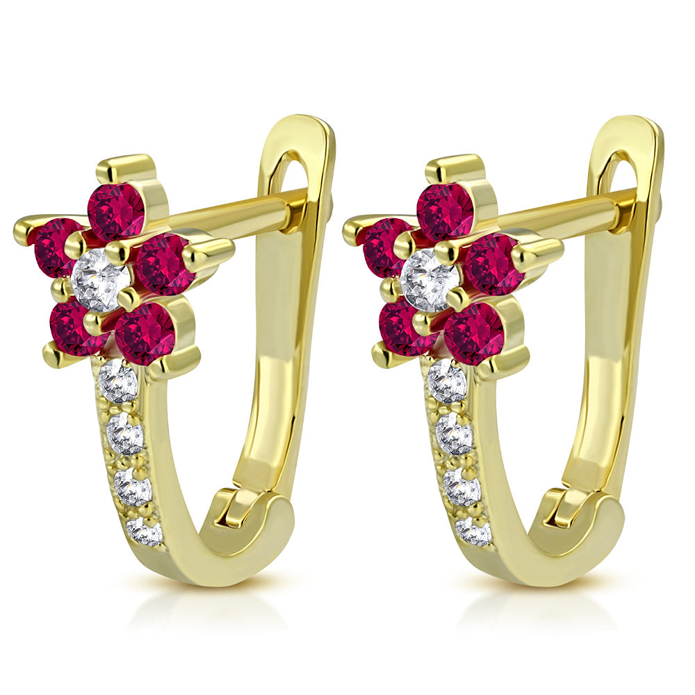 925 Sterling Silver Yellow Gold-Tone Red CZ Floral Flower Hoop Huggie Earrings, 0.45"