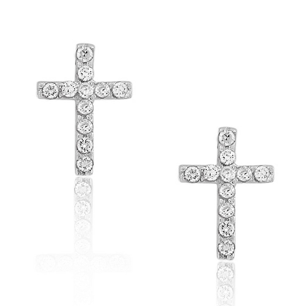 925 Sterling Silver White CZ Womens Religious Latin Cross Stud Earrings