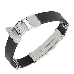 Stainless Steel Black Rubber Silicone Silver-Tone Men's Bracelet