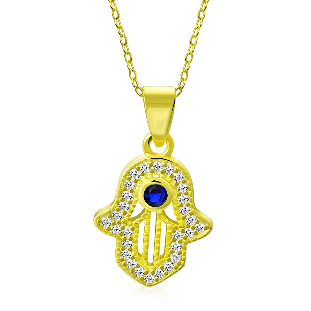 My Daily Styles 925 Sterling Silver CZ Small Hamsa Pendant Necklace with Blue CZ Accent - Adjustable Chain 16"-18"
