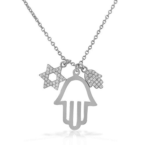 925 Sterling Silver White CZ Hamsa Star of David Good Luck Pendant Necklace