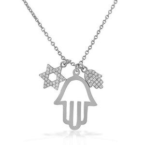 925 Sterling Silver White CZ Hamsa Star of David Good Luck Pendant Necklace