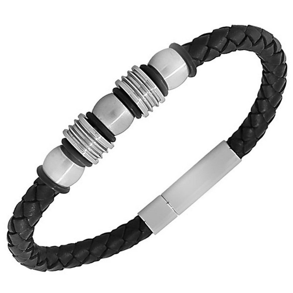 Stainless Steel Black Faux PU Leather Silver-Tone Men's Bracelet