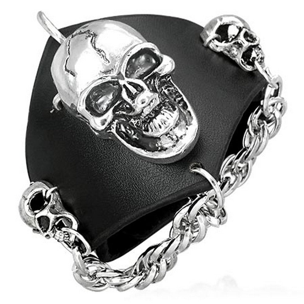 Black Leather Alloy Vampire Skull Chain Link Snap Wristband Mens Bracelet