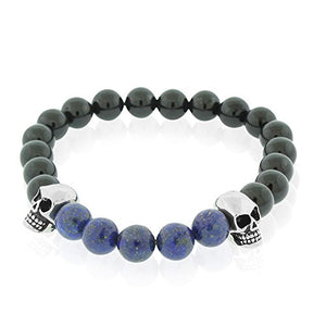 Stainless Steel Black Beads Silver-Tone Skulls Mens Stretch Bracelet, 8"