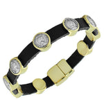 Fashion Alloy Black Leather Yellow Gold-Tone Coin Design Wristband Wrap Bracelet