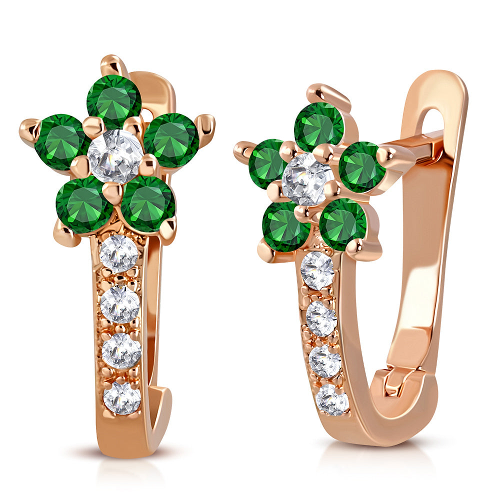 925 Sterling Silver Rose Gold-Tone Green CZ Small Girls Hoop Huggie Flower Floral Earrings, 0.5"