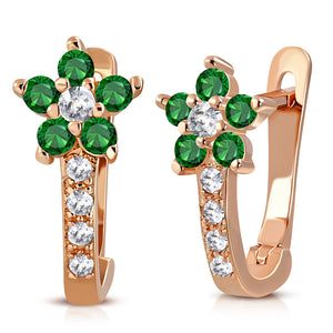 925 Sterling Silver Rose Gold-Tone Green CZ Small Girls Hoop Huggie Flower Floral Earrings, 0.5"