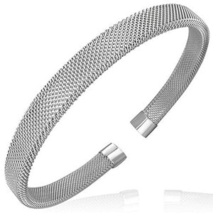 Stainless Steel Silver-Tone Mesh Cable Womens Open End Bangle Bracelet