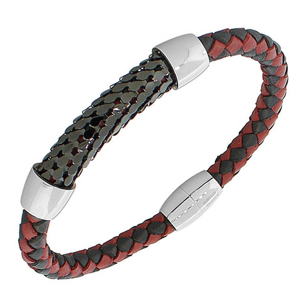 Stainless Steel Leather Red Black Silver-Tone Braided Men's Bracelet