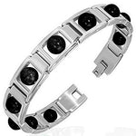 Stainless Steel Silver-Tone Black Glass Beads Link Mens Bracelet