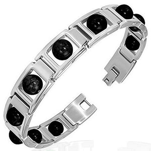 Stainless Steel Silver-Tone Black Glass Beads Link Mens Bracelet
