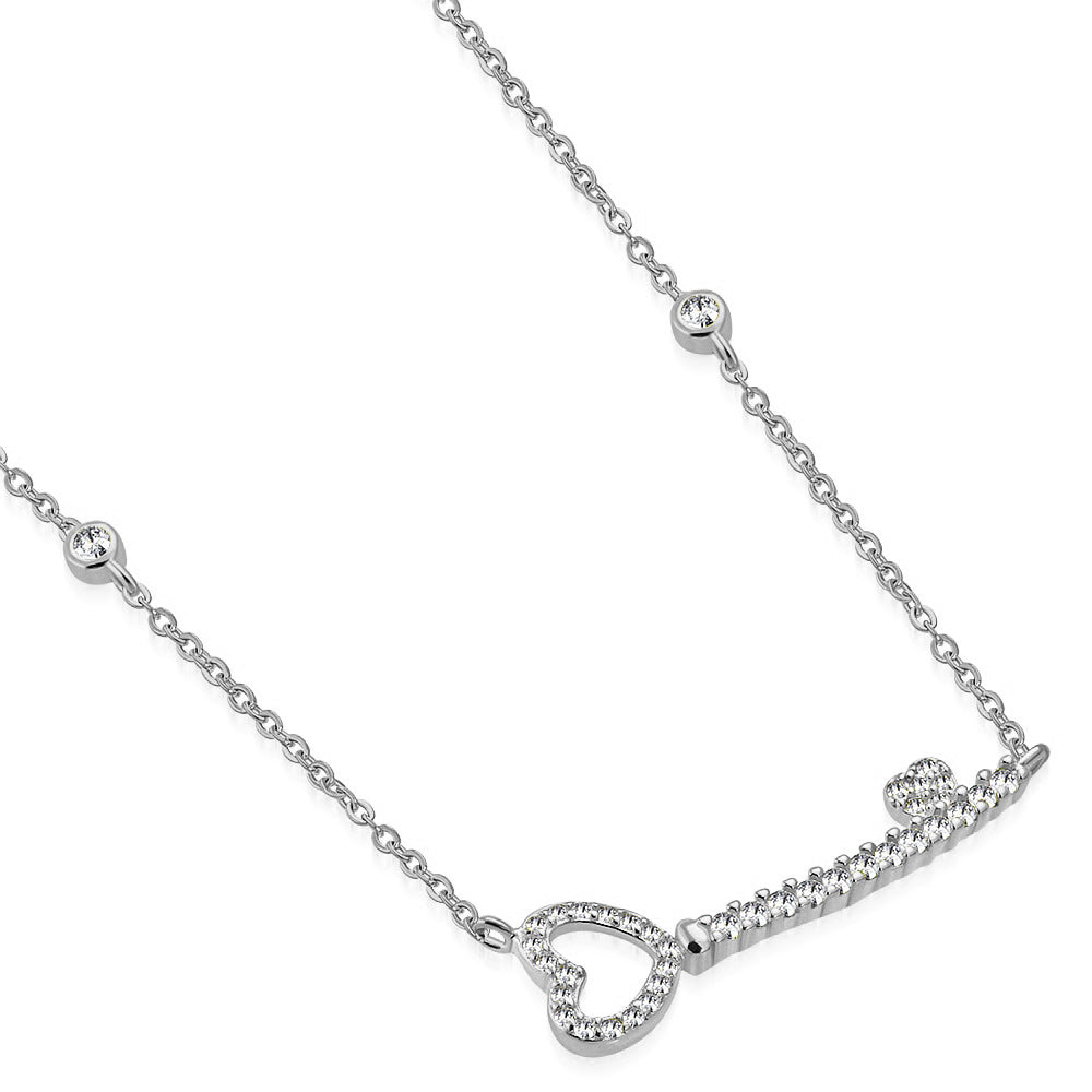 925 Sterling Silver Clear CZ Love Heart Sideways Key Pendant Necklace, 17"