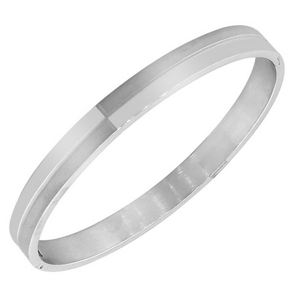 Stainless Steel Oval-Shape Silver-Tone Classic Matte Polished Bangle Bracelet
