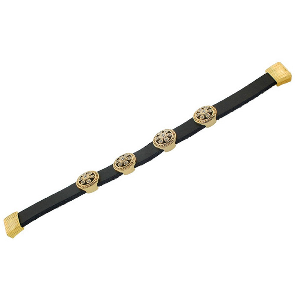 Fashion Alloy Black Leather Yellow Gold-Tone White CZ Wristband Adjustable Bracelet