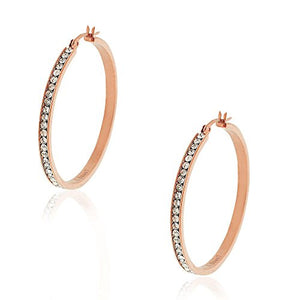 Stainless Steel Rose Gold-Tone White Clear CZ Classic Round Hoops Earrings