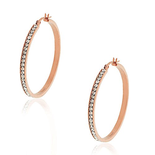 Stainless Steel Silver-Tone White Clear CZ Classic Round Hoops Earrings