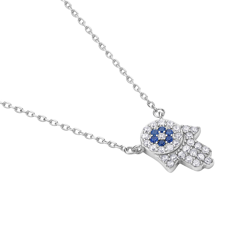 925 Sterling Silver White Blue CZ Hamsa Good Luck Pendant Necklace