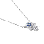 925 Sterling Silver White Blue CZ Hamsa Good Luck Pendant Necklace