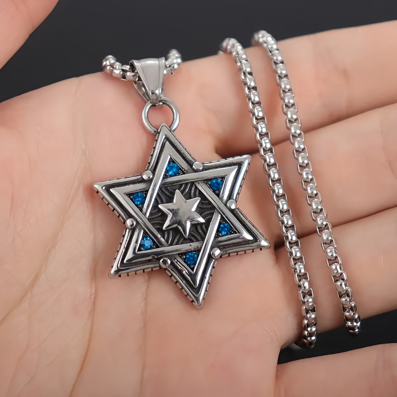 My Daily Styles Stainless Steel Star of David Pendant Necklace with Blue Accents – Jewish Judaica Necklace with 22" Chain for Men & Women