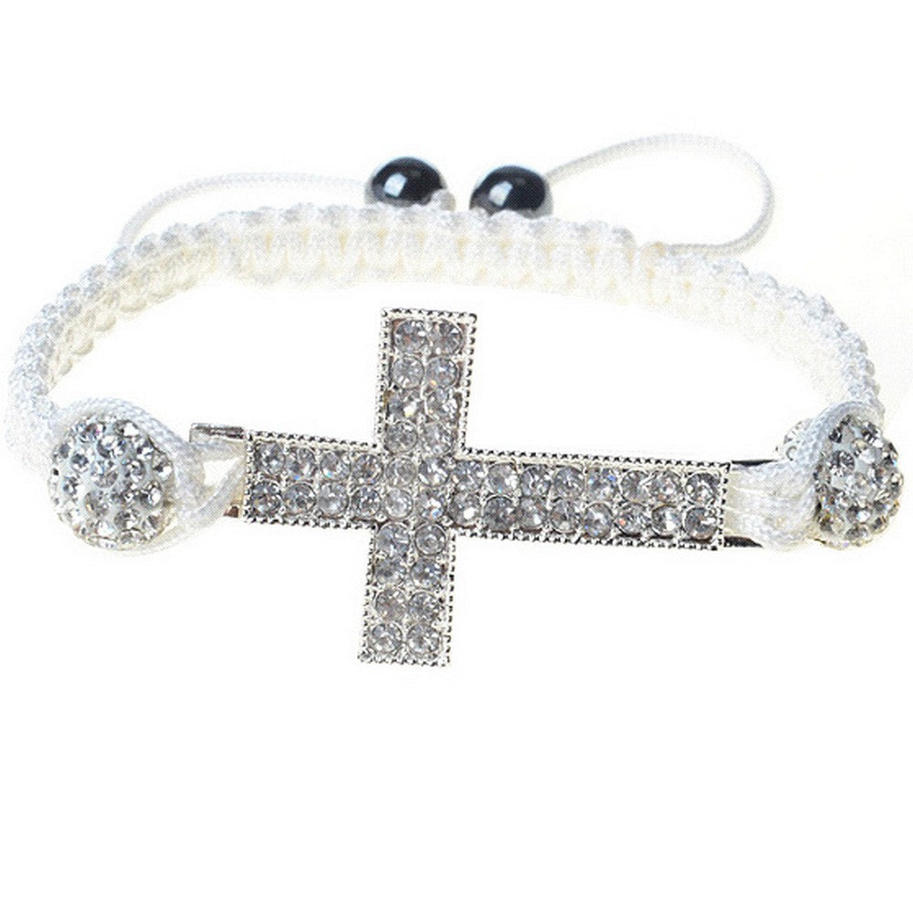 Silver-Tone Cross White CZ Cord Macrame Beaded Adjustable Bracelet