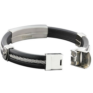 Stainless Steel Black Rubber Silicone Silver-Tone White CZ Men's Bracelet