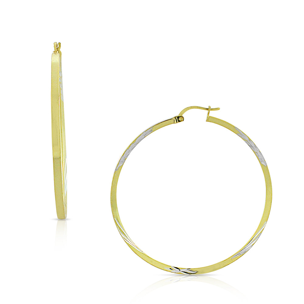925 Sterling Silver Two-Tone Floral Design Round Hoop Earrings, 1.40"