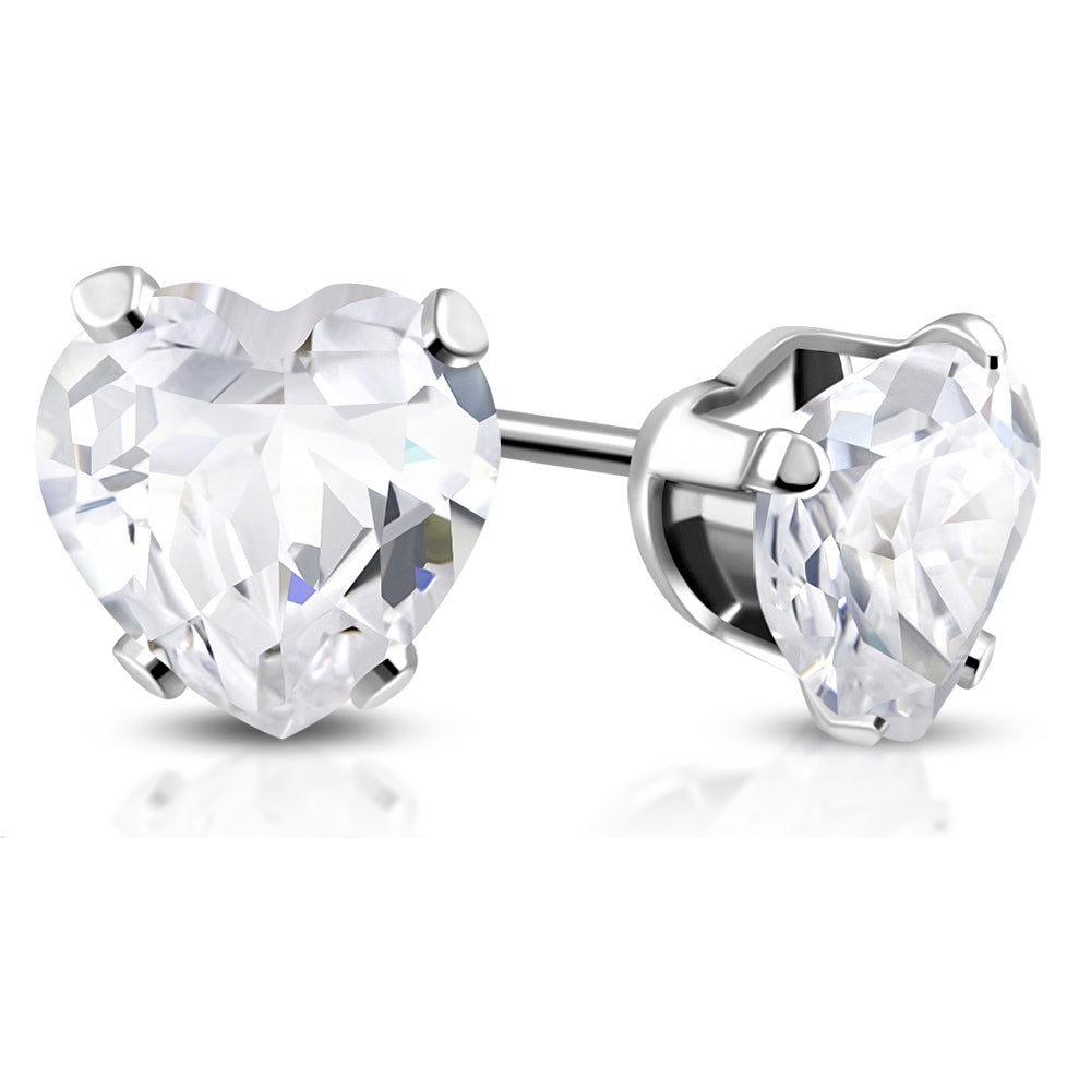 Stainless Steel White Clear CZ Love Heart Stud Earrings