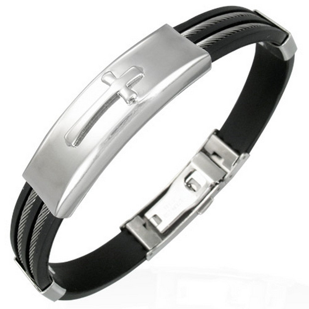Stainless Steel Black Rubber Silicone Religious Cross Twisted Cable Mens Bracelet