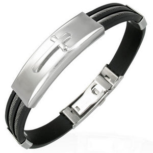 Stainless Steel Black Rubber Silicone Religious Cross Twisted Cable Mens Bracelet