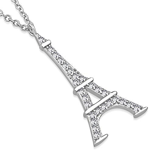 925 Sterling Silver Yellow Gold-Tone French France Eiffel Tower CZ Pendant Necklace