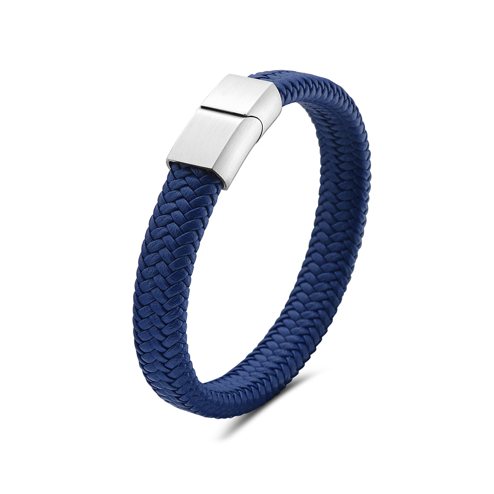 Mens Blue Genuine Leather Bracelet with Stainless Steel Magnetic Lock