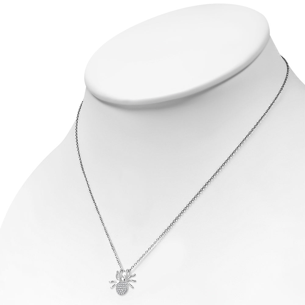 925 Sterling Silver White Clear CZ Small Spider Pendant Necklace