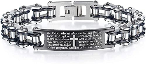 Mens Motorcycle Bike Link Chain Lord's Prayer English Christian Cross Bracelet Size 8 Inch or Size 9 Inch