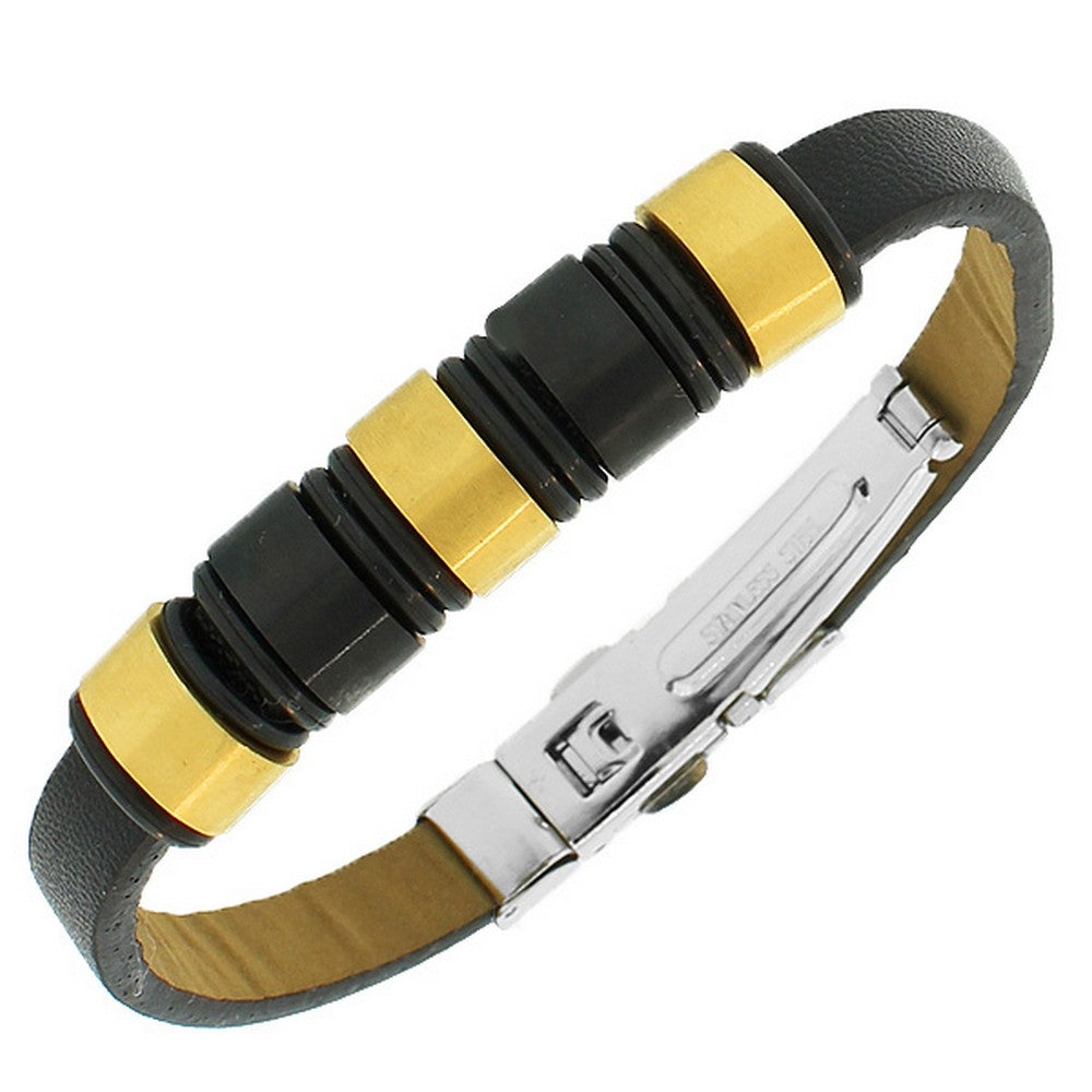 Stainless Steel Black Leather Yellow Gold-Tone Silver-Tone Men's Bracelet