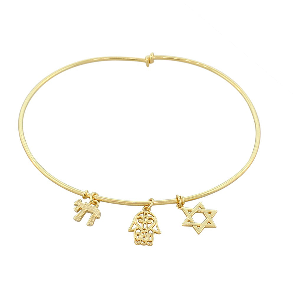 925 Sterling Silver Yellow Gold-Tone Chai Hamsa Star of David Bangle Bracelet