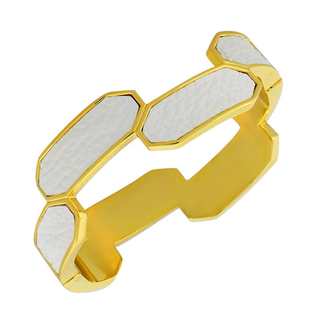 Fashion Alloy Yellow Gold-Tone White Faux PU Leather Bangle Bracelet