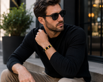 Stainless Steel Black Leather Yellow Gold-Tone Silver-Tone Men's Bracelet