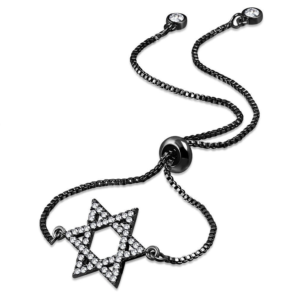 Stainless Steel Clear CZ Jewish Star of David Adjustable Chain Bracelet