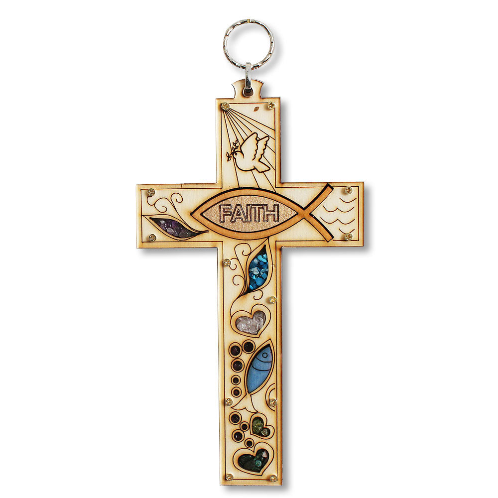 Wooden Christian Faith Cross with Simulated Gemstones Wall Plaque Decor - Made in Israel