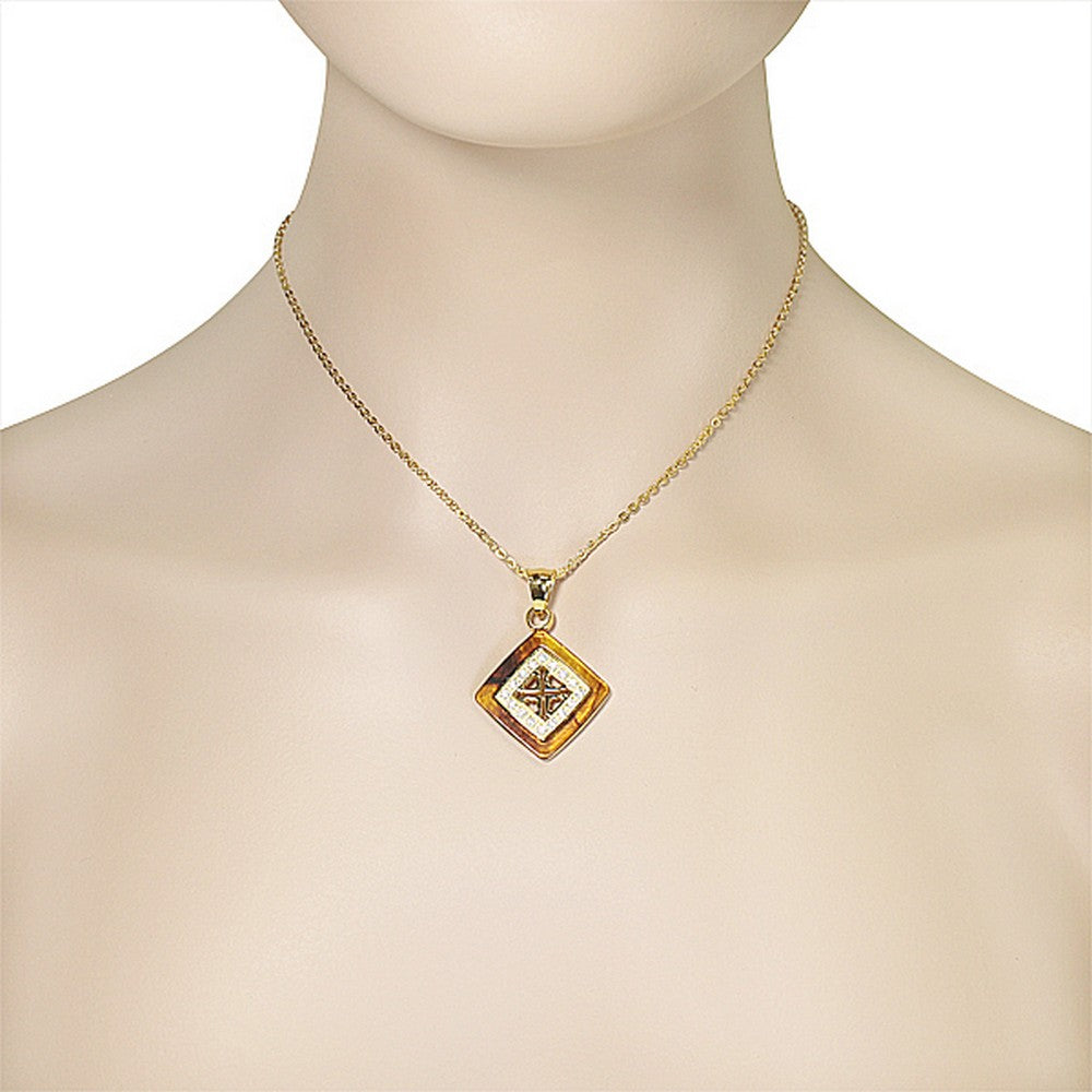 Stainless Steel Yellow Gold-Tone Simulated Amber White CZ Pendant Necklace