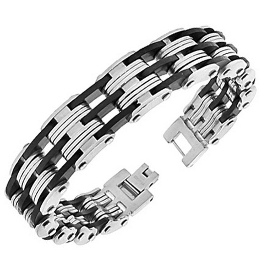 Stainless Steel Silver Black Two-Tone Link Chain Mens Bracelet