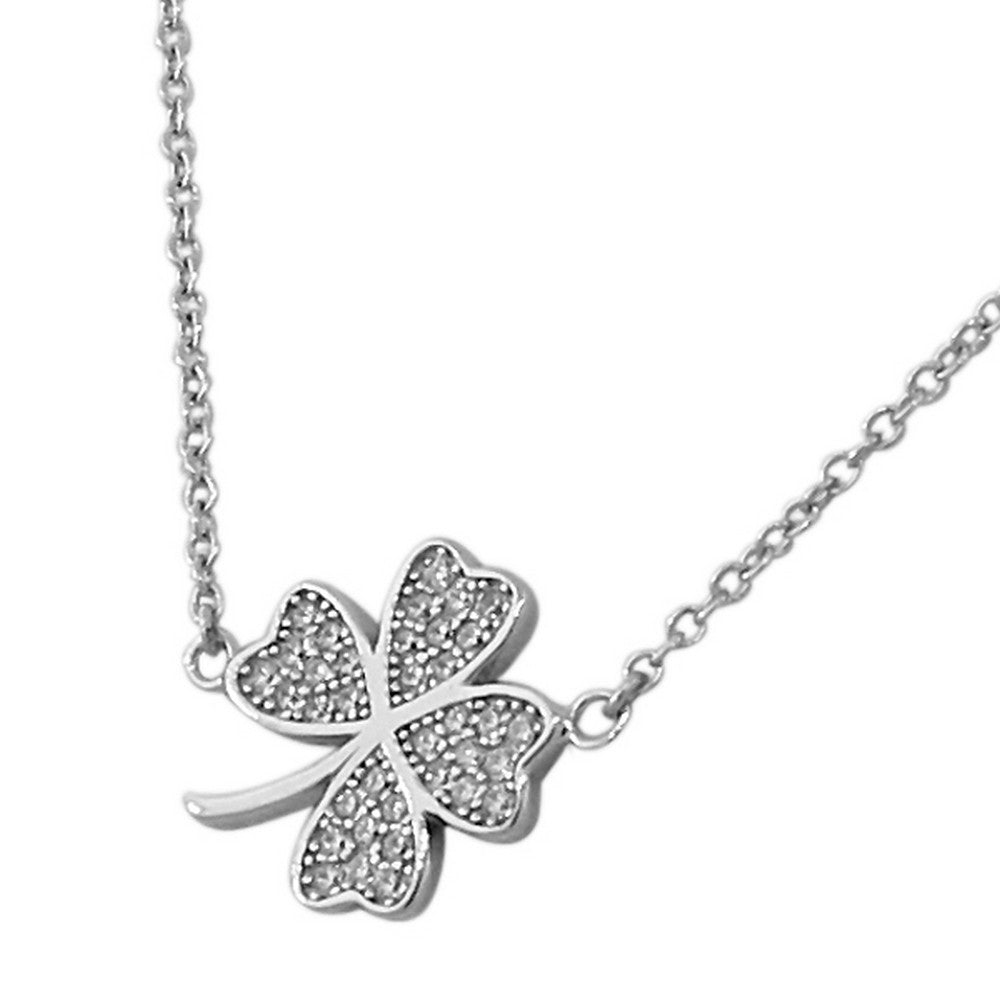 Sterling Silver Flower Clover White CZ Womens Pendant Necklace