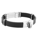 Stainless Steel Black Rubber Silicone Silver-Tone Greek Key Screws Mens Bracelet
